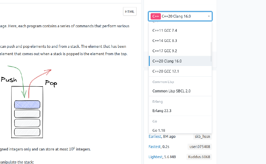Screenshot of programming language dropdown