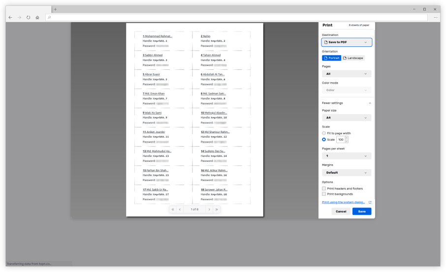 Print window for credential slips