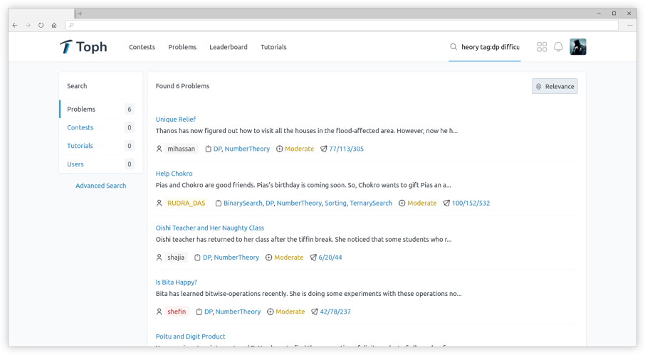 Screenshot of advanced problem search