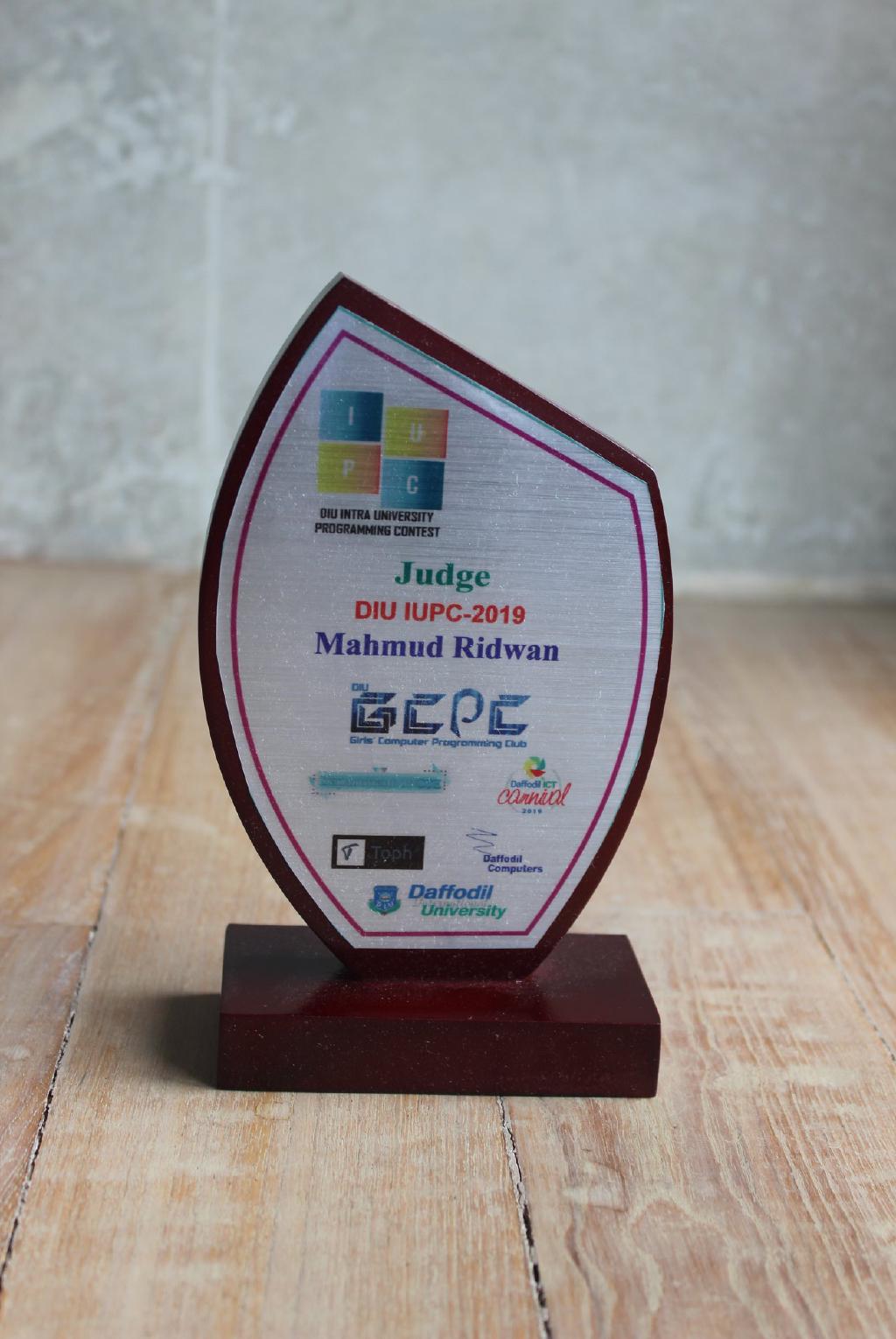 Award received by Toph at Daffodil Inter University Programming Contest 2019