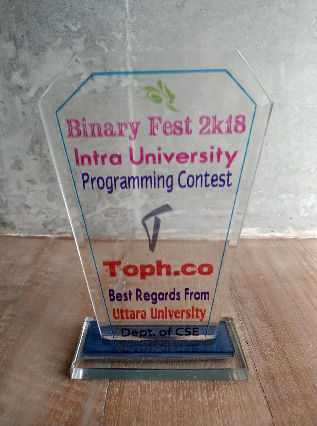 Award received by Toph at Intra Uttara University Programming Contest 2018