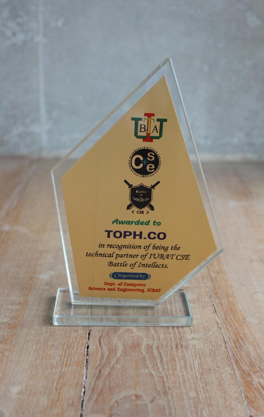 Award received by Toph at IUBAT CSE Battle of Intellects, Summer 2019