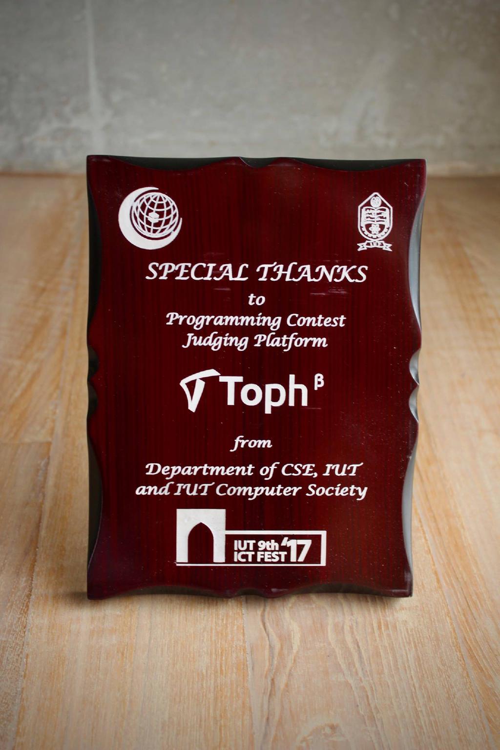 Award received by Toph at IUT 9th ICT Fest 2017 Programming Contest