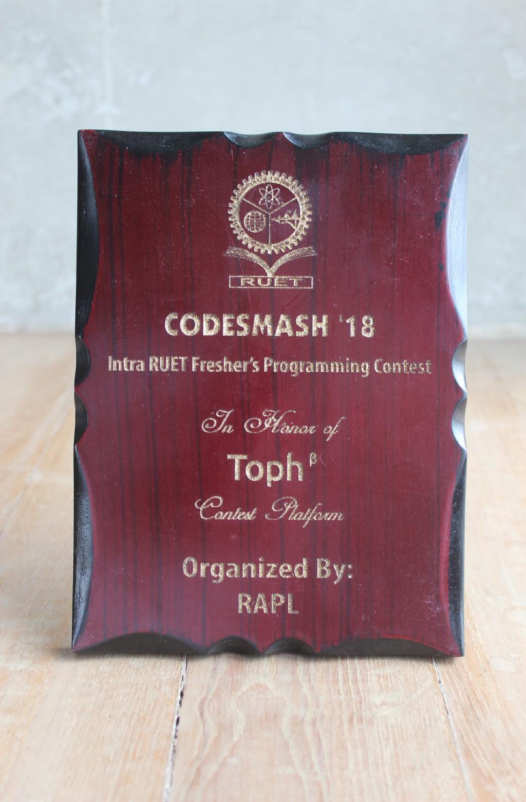 Award received by Toph at RUET CodeSmash 2018 Programming Contest